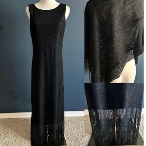 Vintage 90s Black Floral Burnout Mesh Maxi Dress Scalloped Fringe Hem Made USA S